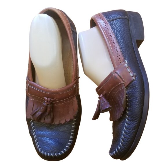 Bass Weejuns 9.5D Two Tone Black Brown Leather Shoes Loafers Tassels MICHAEL - Picture 1 of 7